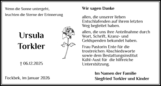 Traueranzeige von Ursula Torkler von Schleswig-Holsteinische Landeszeitung