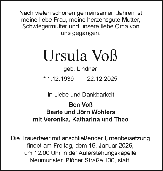 Traueranzeige von Ursula Voß von Holsteinischer Courier