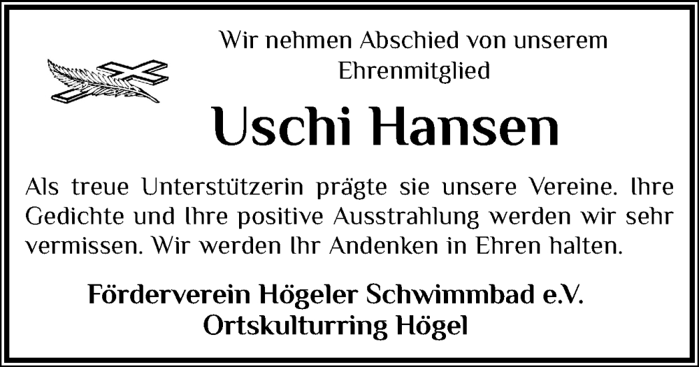  Traueranzeige für Uschi Hansen vom 03.01.2026 aus Husumer Nachrichten, Nordfriesland Tageblatt