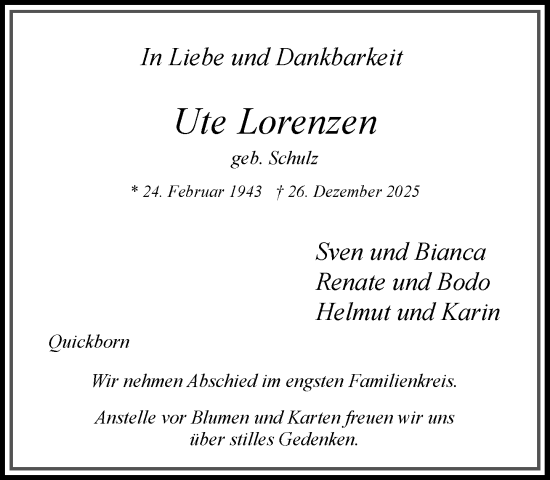 Traueranzeige von Ute Lorenzen von Umschau