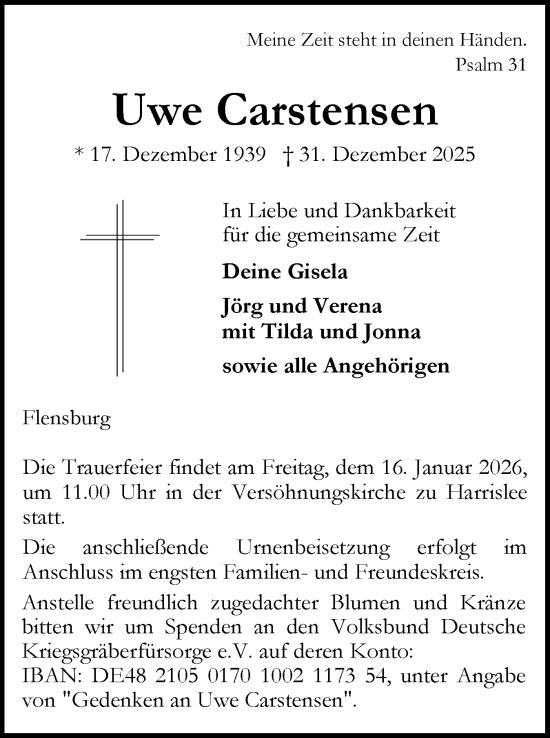 Traueranzeige von Uwe Carstensen von Flensburger Tageblatt