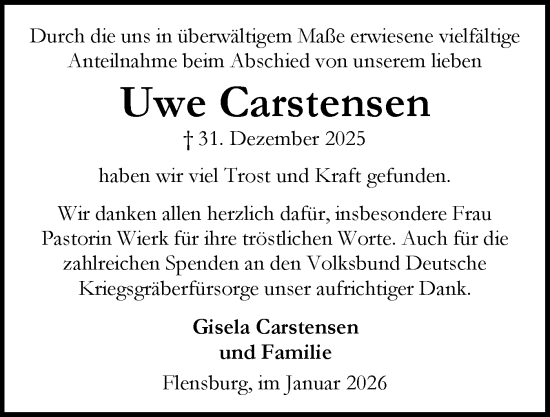 Traueranzeige von Uwe Carstensen von Flensburger Tageblatt