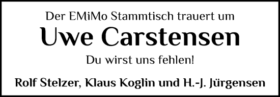 Traueranzeige von Uwe Carstensen von Flensburger Tageblatt