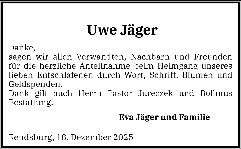  Traueranzeige für Uwe Jäger vom 17.01.2026 aus Schleswig-Holsteinische Landeszeitung