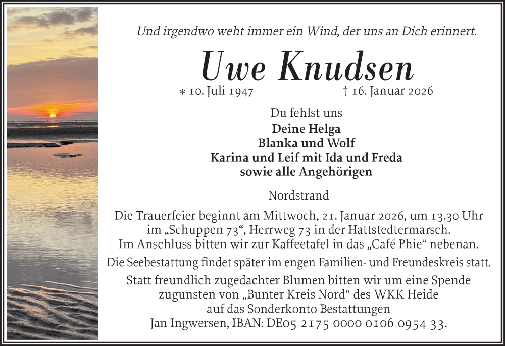  Traueranzeige für Uwe Knudsen vom 20.01.2026 aus Husumer Nachrichten, Nordfriesland Tageblatt