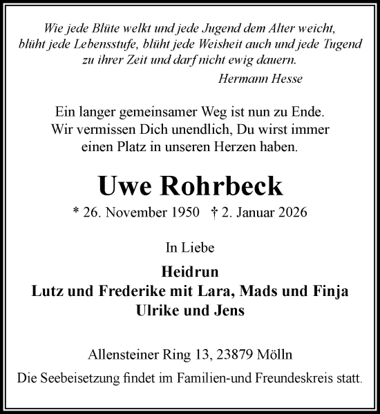 Traueranzeige von Uwe Rohrbeck von MARKT Ratzeburg/Mölln