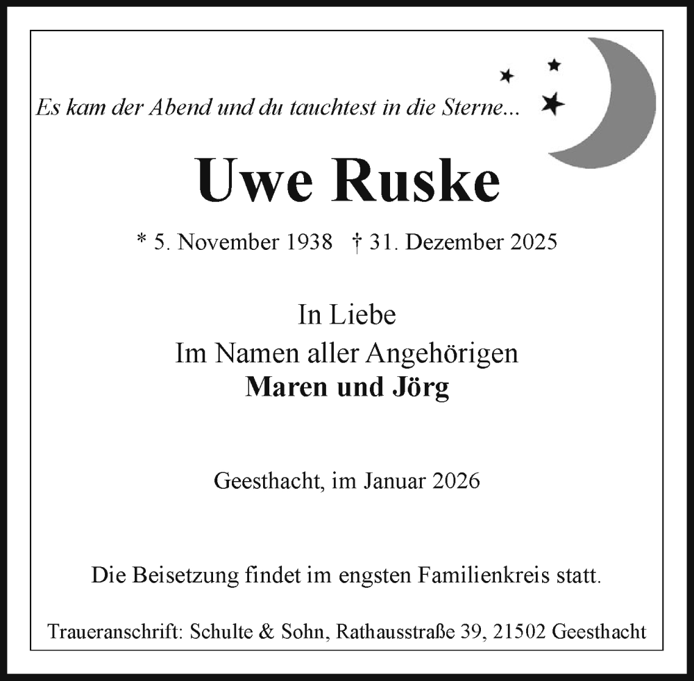  Traueranzeige für Uwe Ruske vom 10.01.2026 aus Wochenend Anzeiger