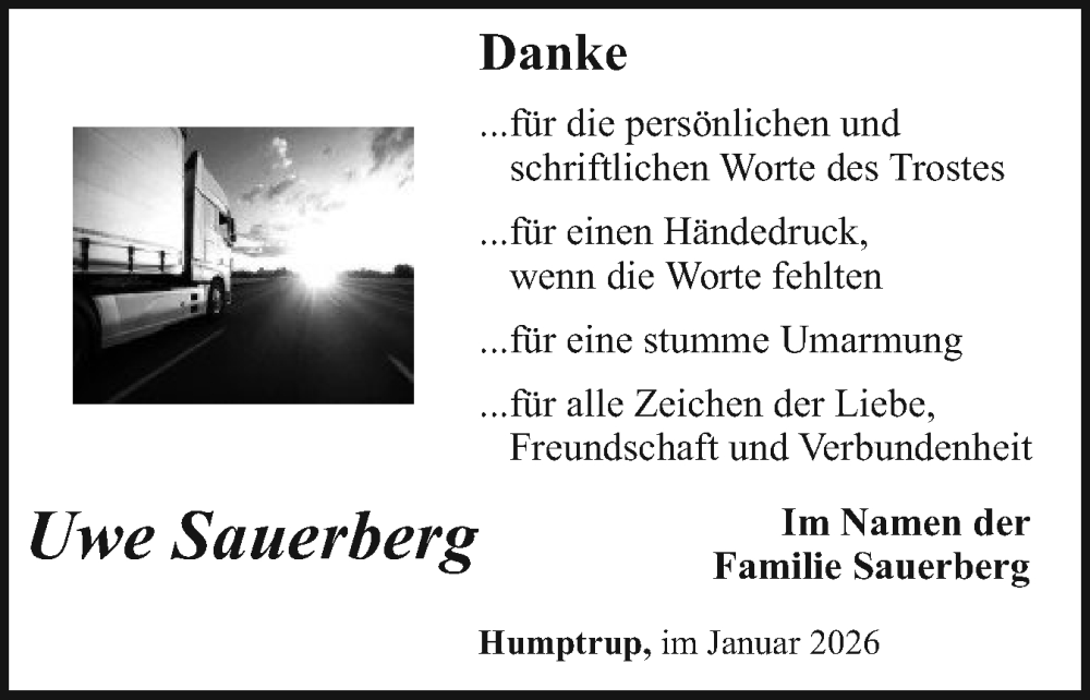  Traueranzeige für Uwe Sauberg vom 31.01.2026 aus Husumer Nachrichten, Nordfriesland Tageblatt