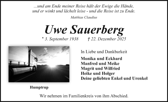 Traueranzeige von Uwe Sauerberg von Husumer Nachrichten, Nordfriesland Tageblatt