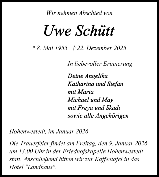 Traueranzeige von Uwe Schütt von Schleswig-Holsteinische Landeszeitung