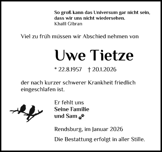 Traueranzeige von Uwe Tietze von Schleswig-Holsteinische Landeszeitung