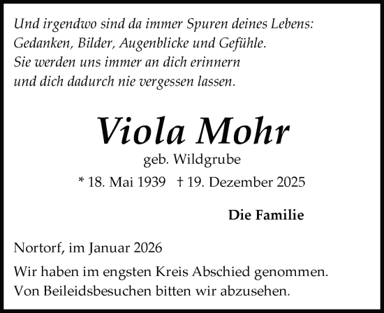Traueranzeige von Viola Mohr von Schleswig-Holsteinische Landeszeitung
