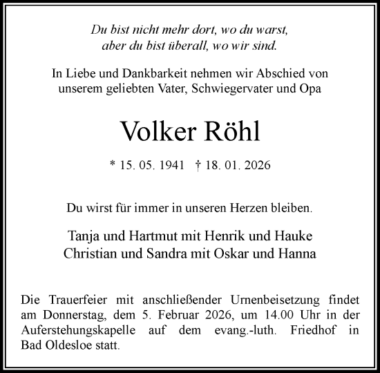 Traueranzeige von Volker Röhl von MARKT Bad Oldesloe/Reinfeld und Stormarner Tageblatt