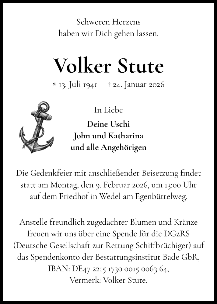  Traueranzeige für Volker Stute vom 31.01.2026 aus Wedel-Schulauer Tageblatt, tip Wedel-Schulauer Tageblatt, tip Rissener Rundschau