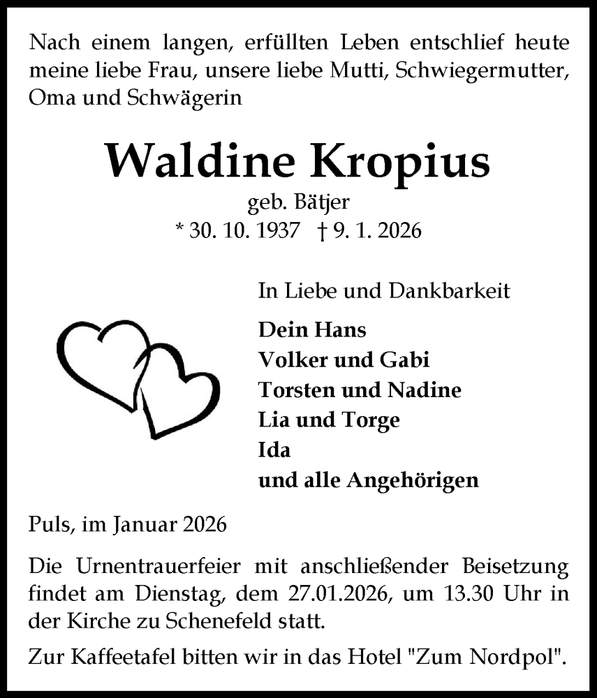  Traueranzeige für Waldine Kropius vom 17.01.2026 aus Norddeutsche Rundschau, Wilstersche Zeitung, Glückstädter Fortuna