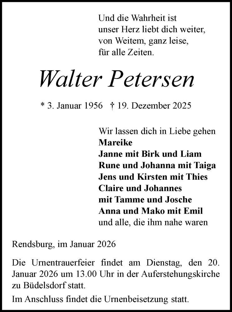  Traueranzeige für Walter Petersen vom 10.01.2026 aus Schleswig-Holsteinische Landeszeitung