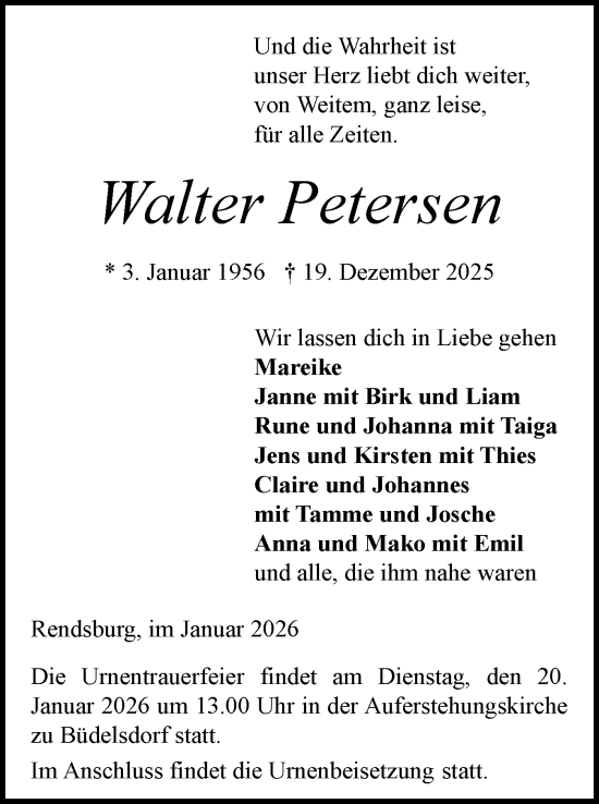 Traueranzeige von Walter Petersen von Schleswig-Holsteinische Landeszeitung