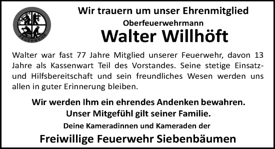 Traueranzeige von Walter Willhöft von MARKT Bad Oldesloe/Reinfeld und Stormarner Tageblatt