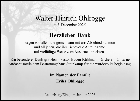 Traueranzeige von Walter Hinrich Ohlrogge von Wochenend Anzeiger