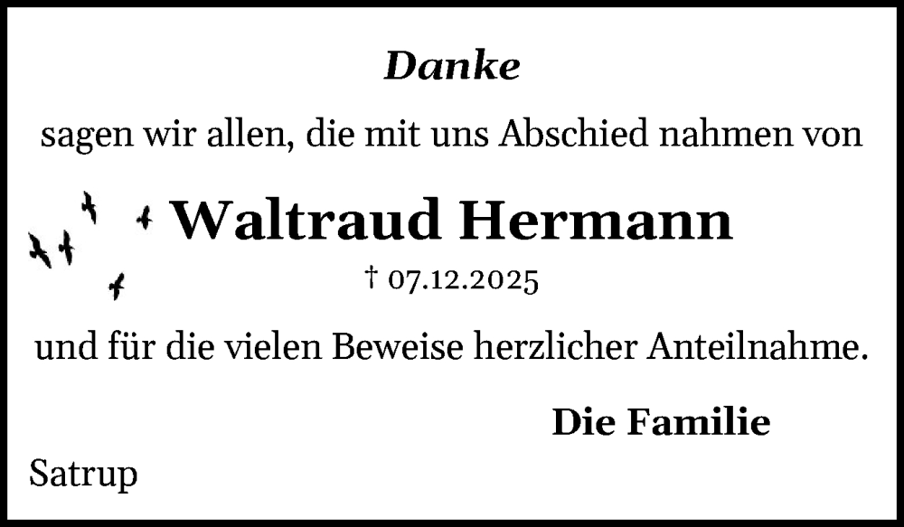  Traueranzeige für Waltraud Hermann vom 10.01.2026 aus Flensburger Tageblatt, Schleswiger Nachrichten, Schlei-Bote