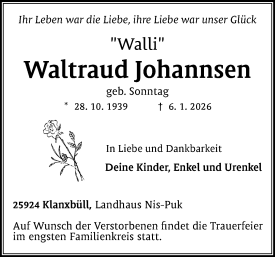 Traueranzeige von Waltraud Johannsen von Husumer Nachrichten, Nordfriesland Tageblatt