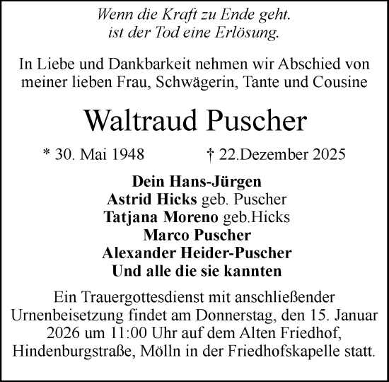 Traueranzeige von Waltraud Puscher von MARKT Ratzeburg/Mölln