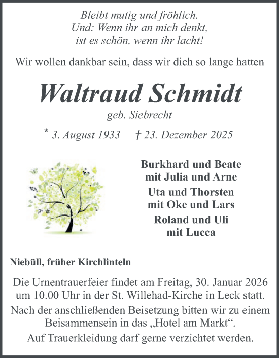 Traueranzeige von Waltraud Schmidt von Husumer Nachrichten, Nordfriesland Tageblatt