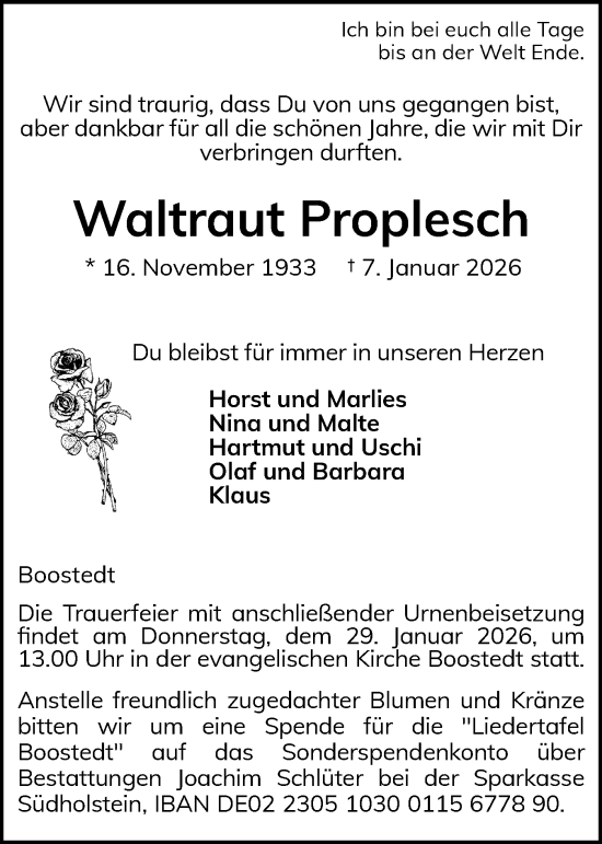 Traueranzeige von Waltraut Proplesch von Holsteinischer Courier