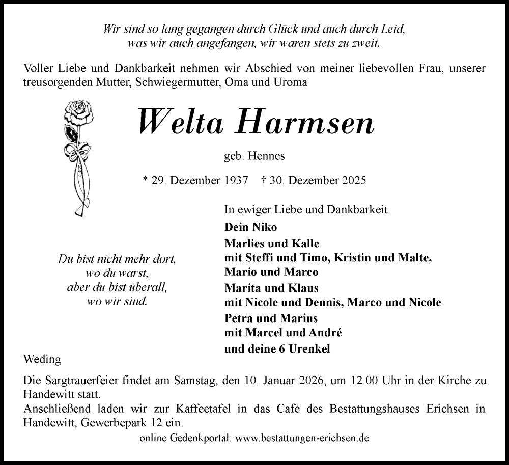  Traueranzeige für Welta Harmsen vom 06.01.2026 aus Flensburger Tageblatt