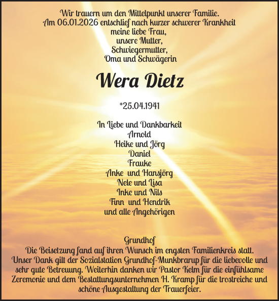 Traueranzeige von Wera Dietz von Flensburger Tageblatt, Schleswiger Nachrichten, Schlei-Bote