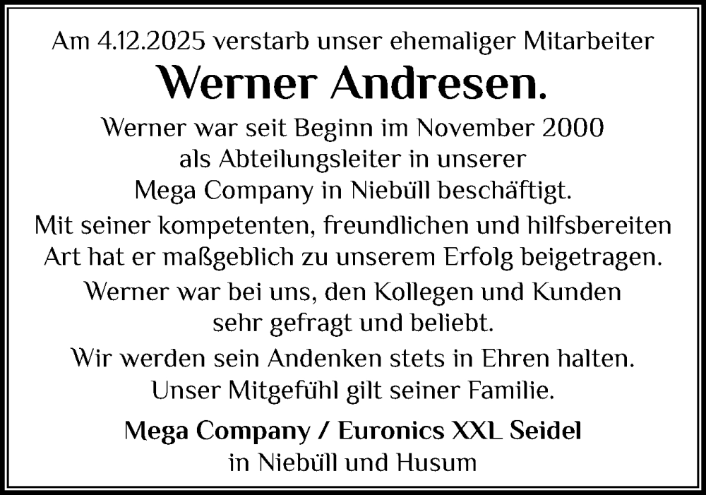  Traueranzeige für Werner Andresen vom 03.01.2026 aus Husumer Nachrichten, Nordfriesland Tageblatt