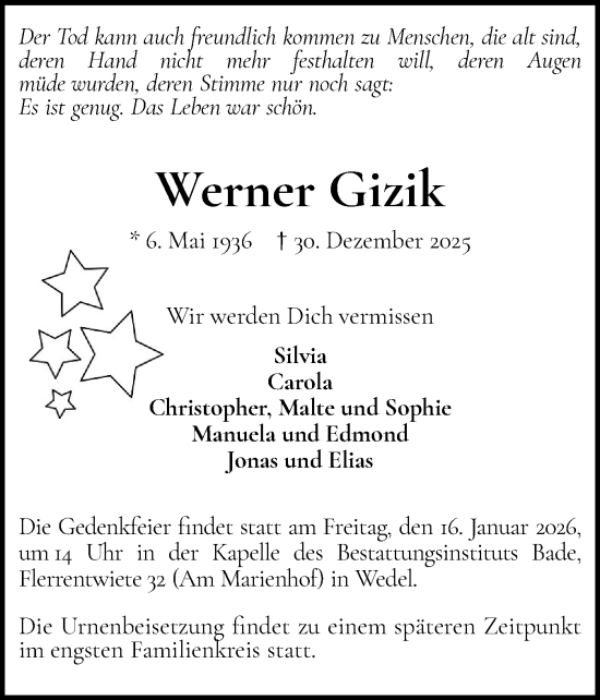 Traueranzeige von Werner Gizik von Wedel-Schulauer Tageblatt, tip Wedel-Schulauer Tageblatt, tip Rissener Rundschau