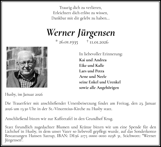 Traueranzeige von Werner Jürgensen von Flensburger Tageblatt