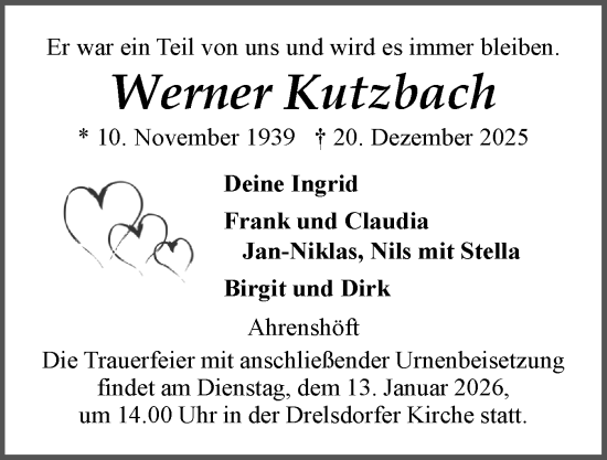 Traueranzeige von Werner Kutzbach von Husumer Nachrichten, Nordfriesland Tageblatt