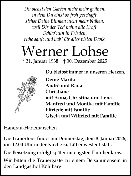 Traueranzeige von Werner Lohse von Schleswig-Holsteinische Landeszeitung