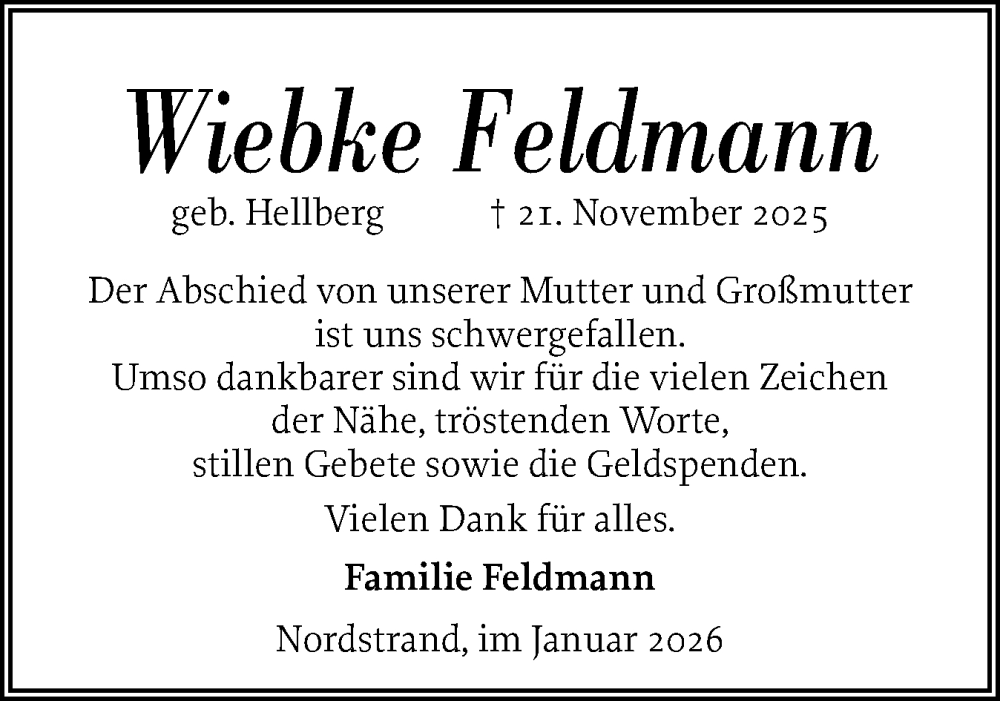  Traueranzeige für Wiebke Feldmann vom 10.01.2026 aus Husumer Nachrichten, Nordfriesland Tageblatt