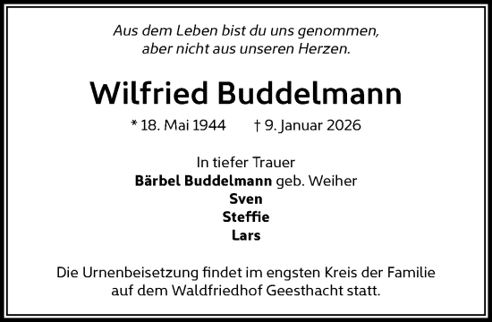 Traueranzeige von Wilfried Buddelmann von Wochenend Anzeiger