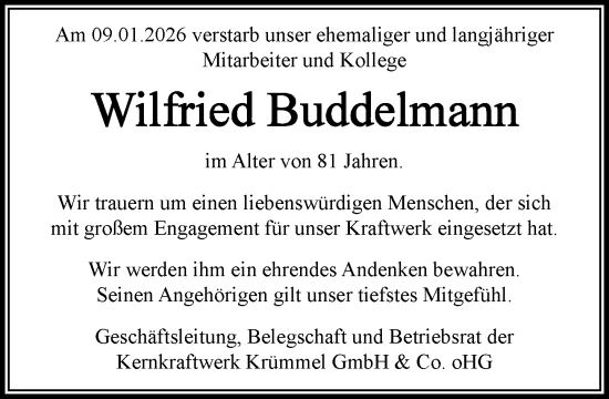 Traueranzeige von Wilfried Buddelmann von Wochenend Anzeiger