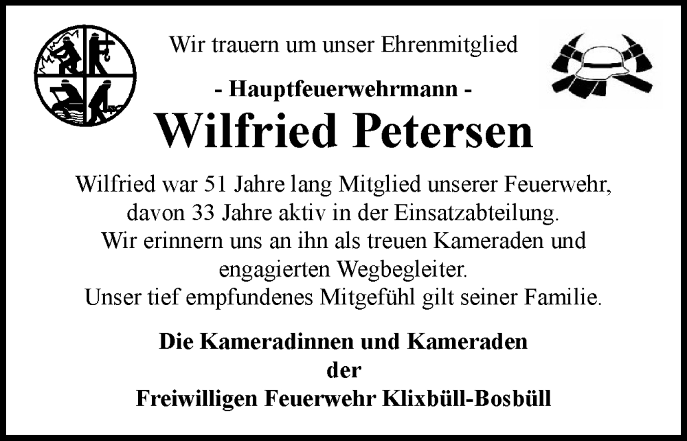  Traueranzeige für Wilfried Petersen vom 03.01.2026 aus Husumer Nachrichten, Nordfriesland Tageblatt