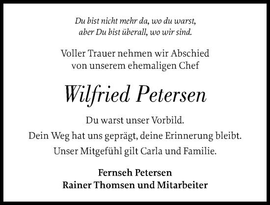 Traueranzeige von Wilfried Petersen von Husumer Nachrichten, Nordfriesland Tageblatt