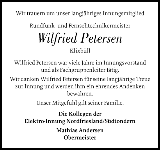 Traueranzeige von Wilfried Petersen von Husumer Nachrichten, Nordfriesland Tageblatt