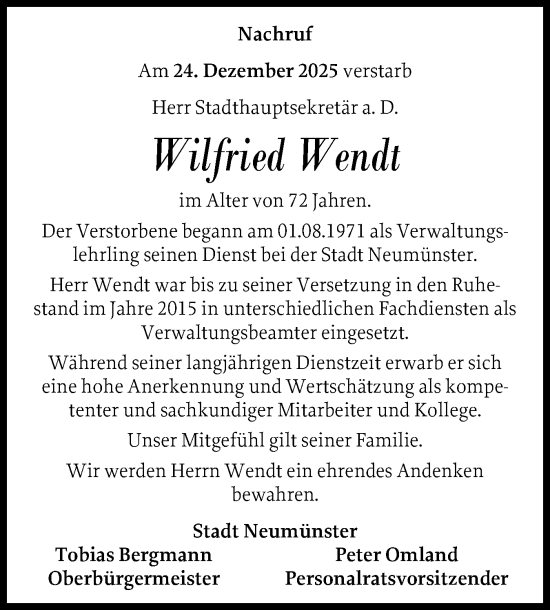 Traueranzeige von Wilfried Wendt von Holsteinischer Courier