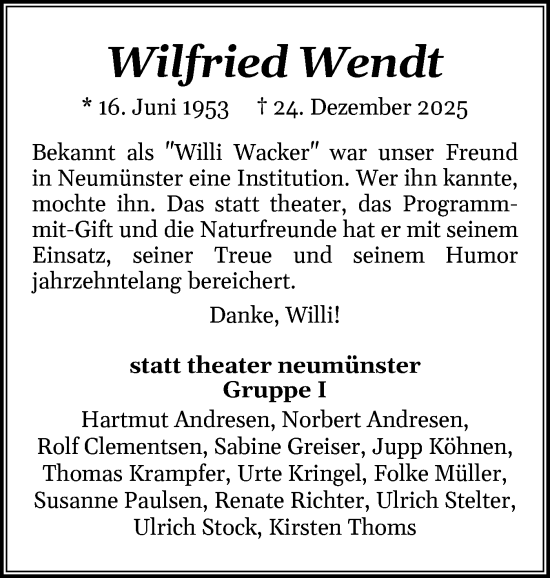 Traueranzeige von Wilfried Wendt von Holsteinischer Courier