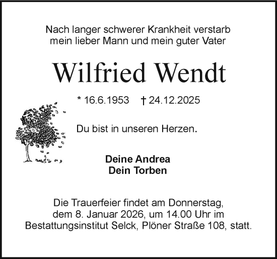 Traueranzeige von Wilfried Wendt von Holsteinischer Courier
