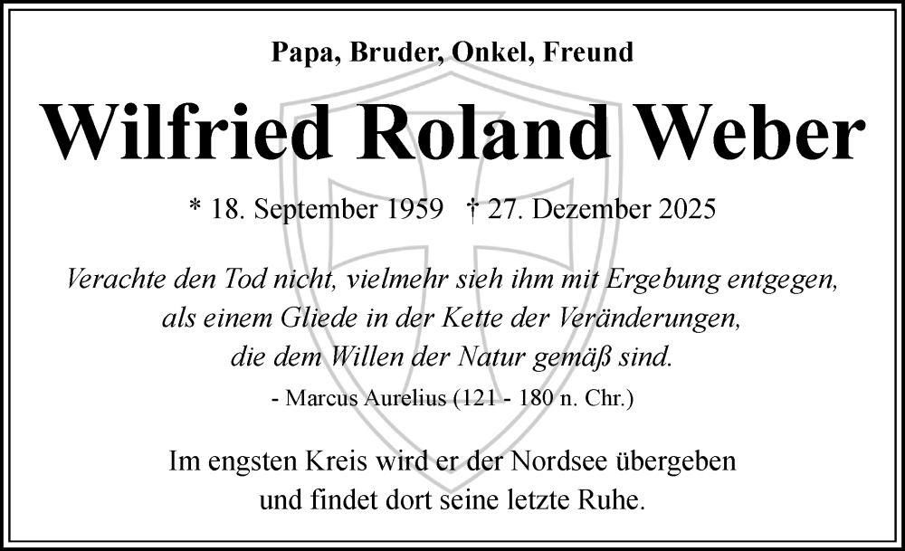  Traueranzeige für Wilfried Roland Weber vom 17.01.2026 aus Flensburger Tageblatt