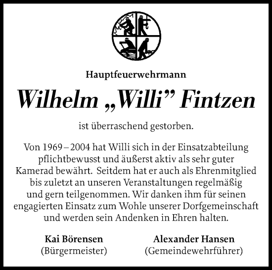 Traueranzeige von Wilhelm Fintzen von Schleswiger Nachrichten, Schlei-Bote