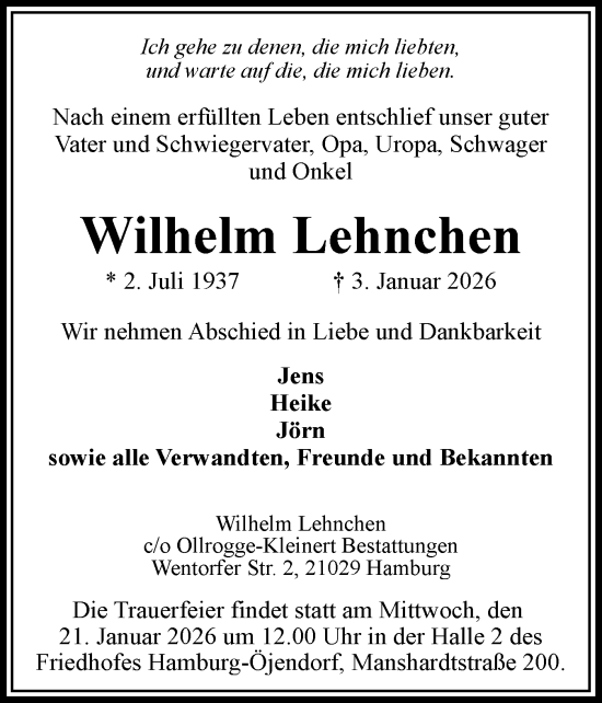 Traueranzeige von Wilhelm Lehnchen von Region Pinneberg und tip Pinneberg
