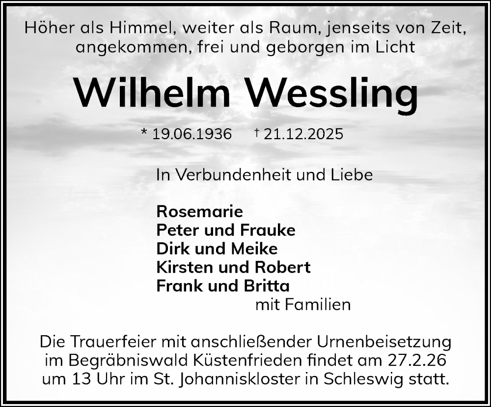  Traueranzeige für Wilhelm Wessling vom 17.01.2026 aus Schleswiger Nachrichten, Schlei-Bote, Eckernförder Zeitung