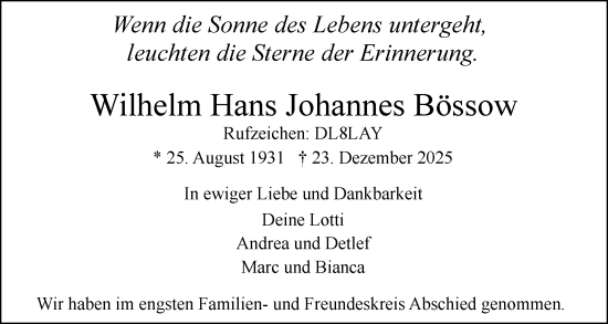 Traueranzeige von Wilhelm Hans Johannes Bössow von Uetersener Nachrichten, Der tip am Wochenende