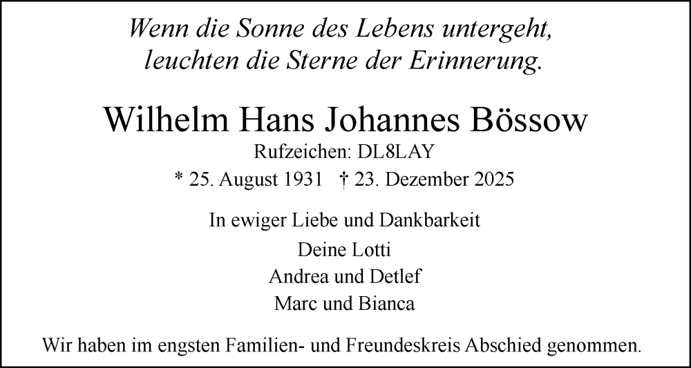  Traueranzeige für Wilhelm Hans Johannes Bössow vom 17.01.2026 aus Uetersener Nachrichten, Der tip am Wochenende
